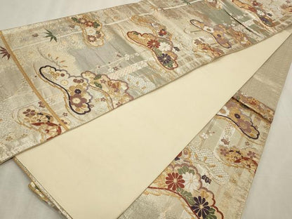 平和屋着物◎六通柄袋帯 唐織 松花文 金糸 正絹 逸品 CABD2319qe