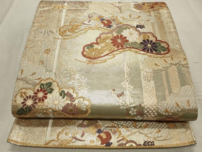 平和屋着物◎六通柄袋帯 唐織 松花文 金糸 正絹 逸品 CABD2319qe