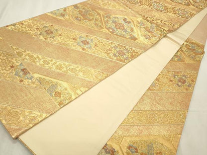 平和屋着物◎六通柄袋帯 斜線花鳥文 金糸 正絹 逸品 CABD2320qe