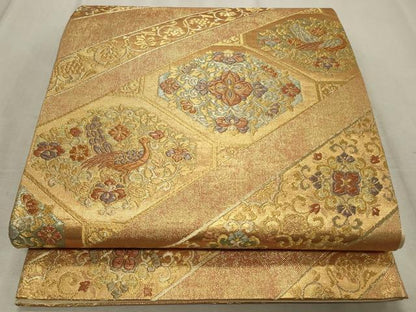 平和屋着物◎六通柄袋帯 斜線花鳥文 金糸 正絹 逸品 CABD2320qe