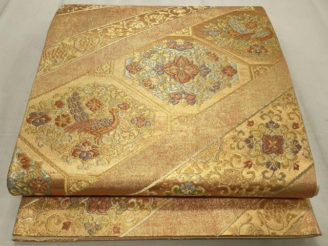 平和屋着物◎六通柄袋帯 斜線花鳥文 金糸 正絹 逸品 CABD2320qe