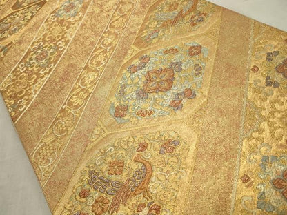平和屋着物◎六通柄袋帯 斜線花鳥文 金糸 正絹 逸品 CABD2320qe