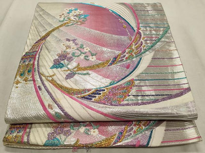 平和屋着物◎六通柄袋帯 花鳥文 金銀糸 正絹 逸品 CABD2321qe