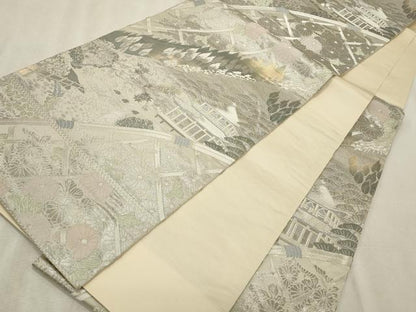平和屋着物◎六通柄袋帯 風景文 プラチナ箔 正絹 逸品 CABD2323qe