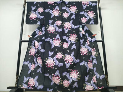 平和屋着物∴夏物 浴衣 舞蝶乱菊 黒地 綿 逸品 未使用 CABD2410ng