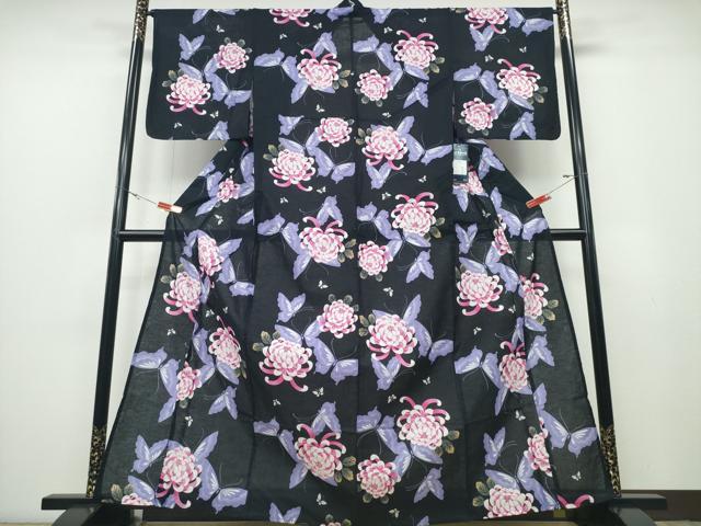 平和屋着物∴夏物 浴衣 舞蝶乱菊 黒地 綿 逸品 未使用 CABD2410ng