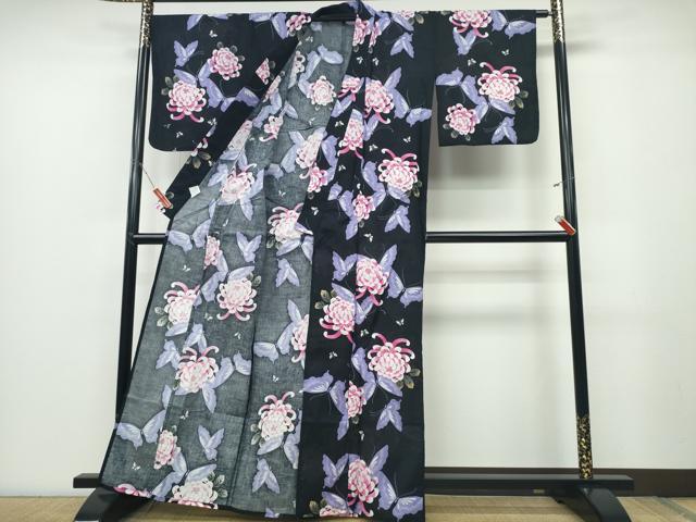 平和屋着物∴夏物 浴衣 舞蝶乱菊 黒地 綿 逸品 未使用 CABD2410ng