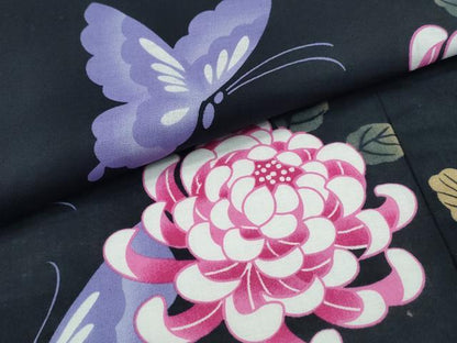 平和屋着物∴夏物 浴衣 舞蝶乱菊 黒地 綿 逸品 未使用 CABD2410ng
