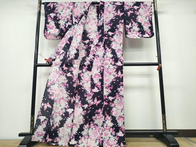 平和屋着物∴夏物 浴衣 薔薇 舞蝶文 綿 逸品 CABD2412ng