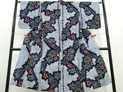 平和屋着物∴夏物 浴衣 有松鳴海絞り 流水舞葉花文 綿 逸品 CABD2446ng