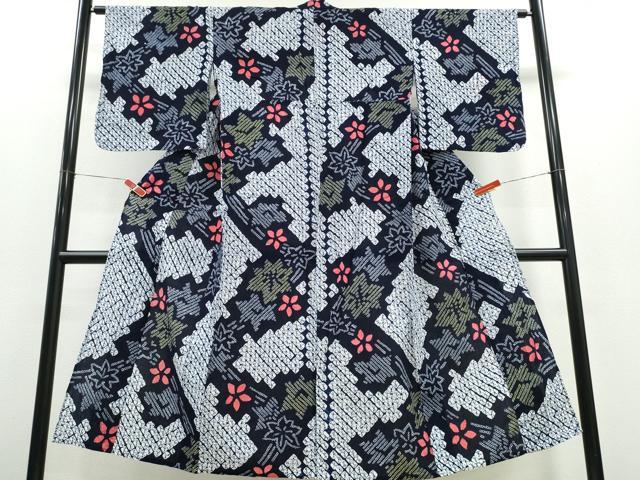 平和屋着物∴夏物 浴衣 有松鳴海絞り 流水舞葉花文 綿 逸品 CABD2446ng