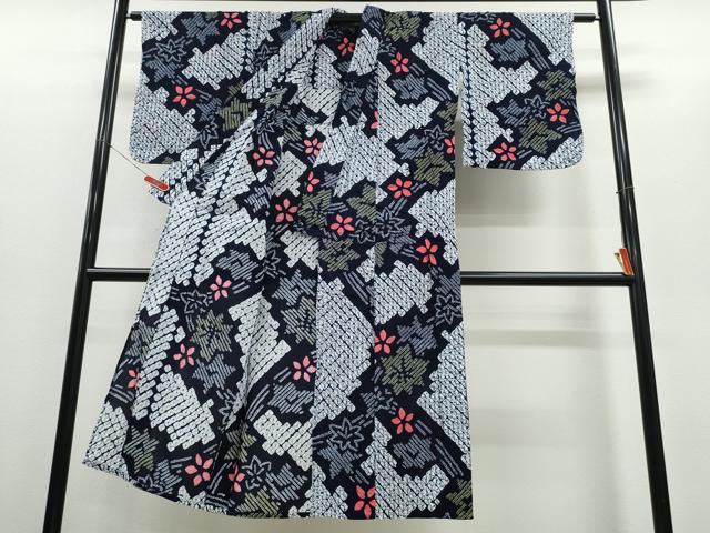 平和屋着物∴夏物 浴衣 有松鳴海絞り 流水舞葉花文 綿 逸品 CABD2446ng