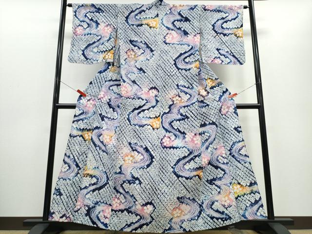 平和屋着物∴夏物　浴衣　有松鳴海絞り　流水舞花文　綿　逸品　CABD2454ng