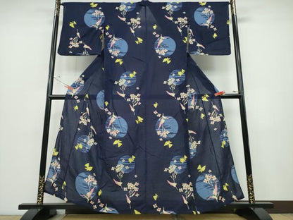 平和屋着物∴夏物　浴衣　綿紅梅　満月舞蝶花文　綿　逸品　CABD2456ng