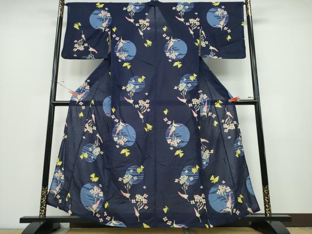 平和屋着物∴夏物　浴衣　綿紅梅　満月舞蝶花文　綿　逸品　CABD2456ng