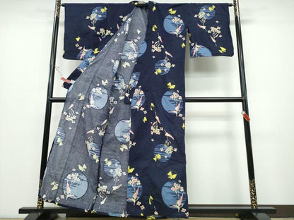 平和屋着物∴夏物　浴衣　綿紅梅　満月舞蝶花文　綿　逸品　CABD2456ng