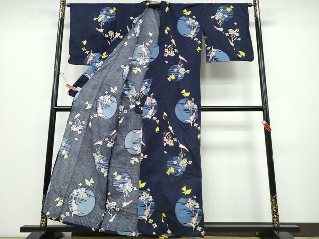 平和屋着物∴夏物　浴衣　綿紅梅　満月舞蝶花文　綿　逸品　CABD2456ng