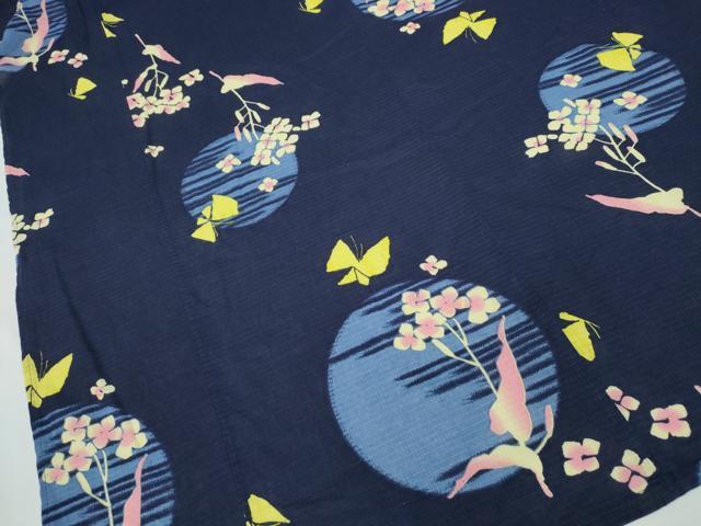平和屋着物∴夏物　浴衣　綿紅梅　満月舞蝶花文　綿　逸品　CABD2456ng