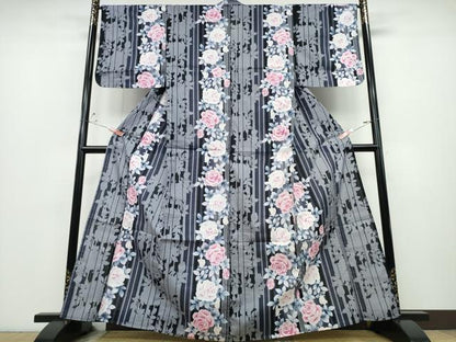 平和屋着物∴夏物 浴衣 薔薇シルエット 銀彩 綿 逸品 未使用 CABD2459ng