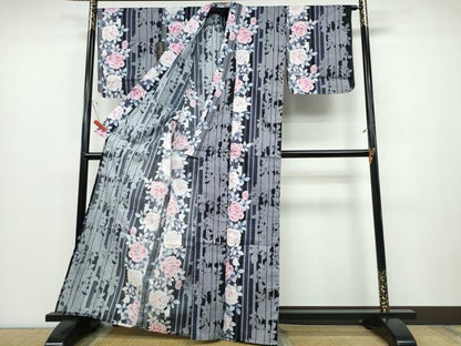 平和屋着物∴夏物 浴衣 薔薇シルエット 銀彩 綿 逸品 未使用 CABD2459ng
