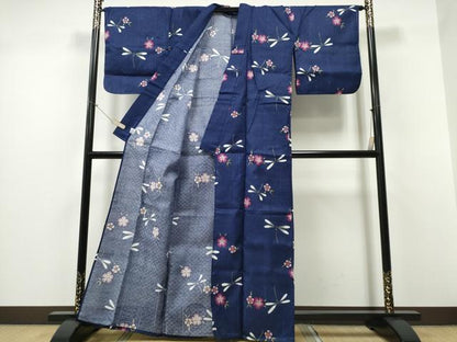 平和屋着物∴夏物 浴衣 トンボ 蜻蛉 花丸文 綿 逸品 CABD2527ng