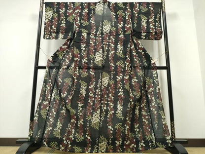 平和屋着物∴夏物 浴衣 綿紅梅 枝垂れ花文 黒地 綿 逸品 CABD2529ng