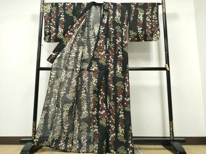 平和屋着物∴夏物 浴衣 綿紅梅 枝垂れ花文 黒地 綿 逸品 CABD2529ng