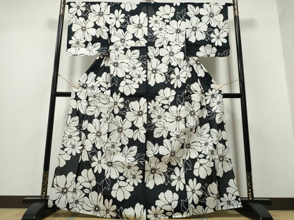 平和屋着物∴夏物 浴衣 綿紅梅 舞花尽くし 黒地 綿 逸品 CABD2530ng