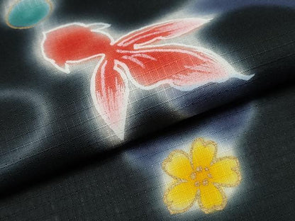 平和屋着物∴夏物 浴衣 綿紅梅 金魚 花丸文 黒地 金彩 綿 逸品 CABD2531ng