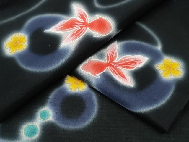 平和屋着物∴夏物 浴衣 綿紅梅 金魚 花丸文 黒地 金彩 綿 逸品 CABD2531ng