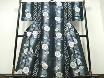 平和屋着物∴夏物 浴衣 綿紅梅 朝顔 舞花間道 黒地 綿 逸品 CABD2533ng