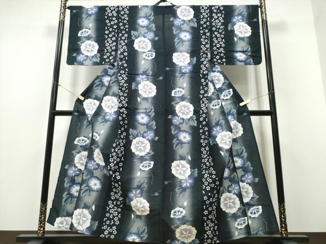 平和屋着物∴夏物 浴衣 綿紅梅 朝顔 舞花間道 黒地 綿 逸品 CABD2533ng