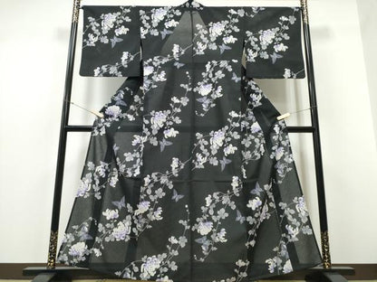 平和屋着物∴夏物　浴衣・小紋兼用　紅梅　枝菊舞蝶文　黒地　洗える着物　CABD2534ng