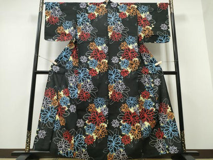 平和屋着物∴夏物 浴衣 舞花文 黒地 綿 逸品 CABD2539ng