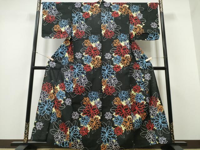 平和屋着物∴夏物 浴衣 舞花文 黒地 綿 逸品 CABD2539ng