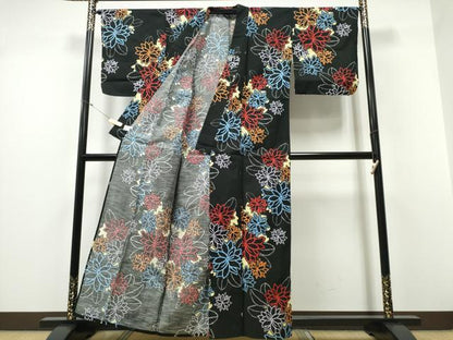 平和屋着物∴夏物 浴衣 舞花文 黒地 綿 逸品 CABD2539ng