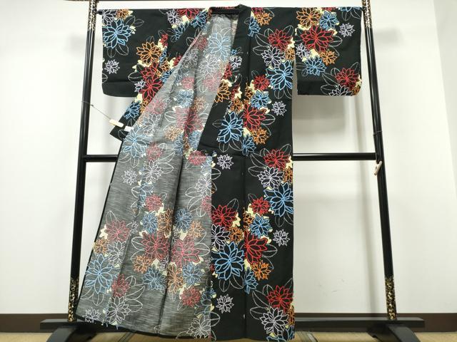 平和屋着物∴夏物 浴衣 舞花文 黒地 綿 逸品 CABD2539ng