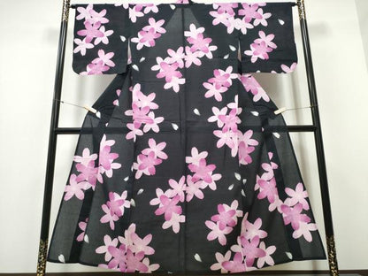 平和屋着物∴夏物 浴衣 舞桜 黒地 綿 逸品 CABD2540ng