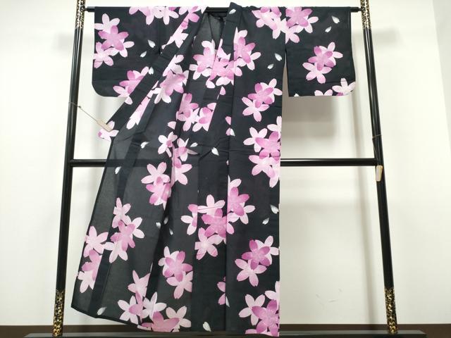 平和屋着物∴夏物 浴衣 舞桜 黒地 綿 逸品 CABD2540ng