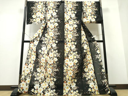 平和屋着物∴夏物 浴衣 綿紅梅 舞花尽くし 黒地 綿 逸品 CABD2541ng