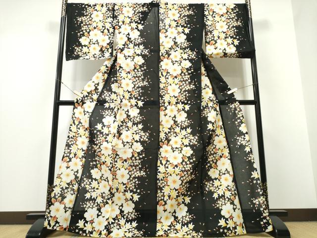 平和屋着物∴夏物 浴衣 綿紅梅 舞花尽くし 黒地 綿 逸品 CABD2541ng