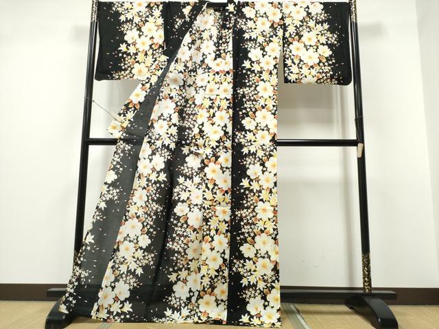 平和屋着物∴夏物 浴衣 綿紅梅 舞花尽くし 黒地 綿 逸品 CABD2541ng