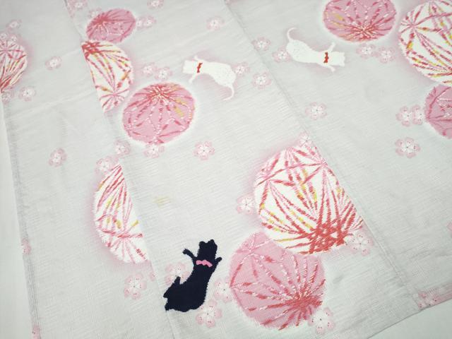平和屋着物∴夏物　浴衣　毬　猫　綿　逸品　CABD2544ng