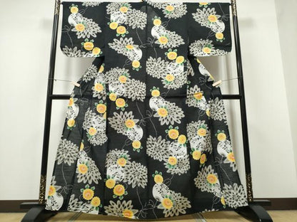 平和屋着物∴夏物 浴衣 団扇舞花文 黒地 綿 逸品 CABD2545ng
