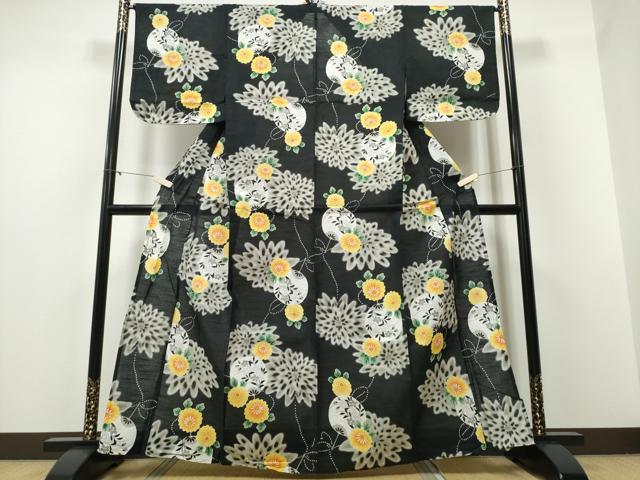 平和屋着物∴夏物 浴衣 団扇舞花文 黒地 綿 逸品 CABD2545ng