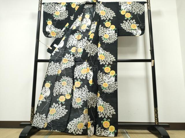平和屋着物∴夏物 浴衣 団扇舞花文 黒地 綿 逸品 CABD2545ng