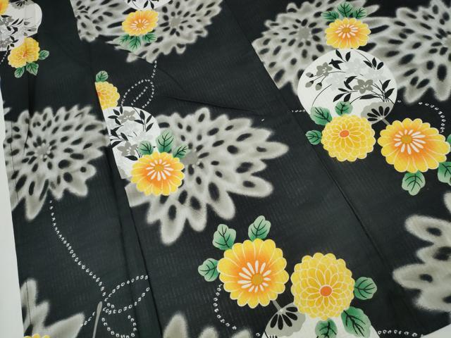平和屋着物∴夏物 浴衣 団扇舞花文 黒地 綿 逸品 CABD2545ng