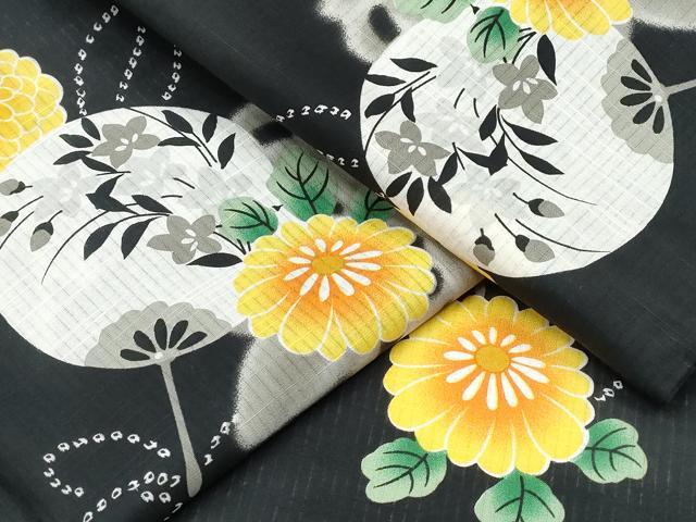 平和屋着物∴夏物 浴衣 団扇舞花文 黒地 綿 逸品 CABD2545ng