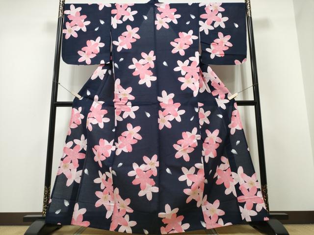 平和屋着物∴夏物 浴衣 舞桜 濃紺地 綿 逸品 CABD2546ng