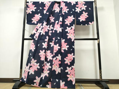 平和屋着物∴夏物 浴衣 舞桜 濃紺地 綿 逸品 CABD2546ng